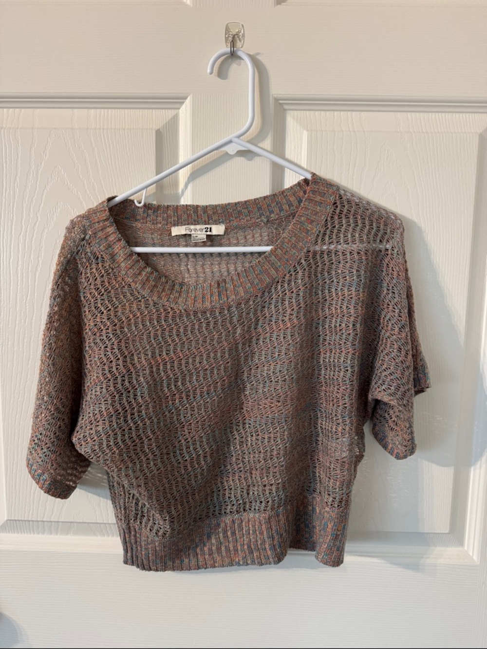 Forever 21 Open-Knit Short Sleeve Sweater - Taupe with Blue & Coral Hues